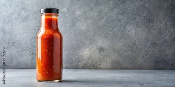 Fototapeta Spicy condiment bottle placed center stage on a clean light gray background with subtle texture, emphasizing its vibrant color and sleek design , condiment, spicy