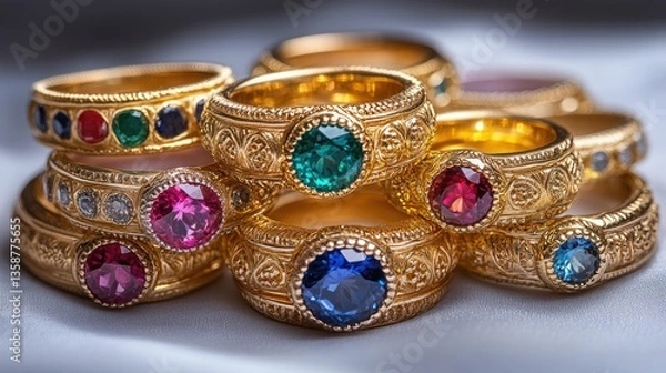 Fototapeta A collection of beautifully arranged gold rings adorned with colorful gemstones, presented in an artistic circle for visual harmony.