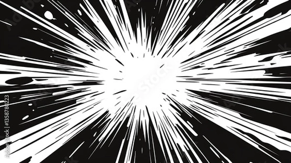 Fototapeta Black and white comic book explosion burst with dynamic speed lines

