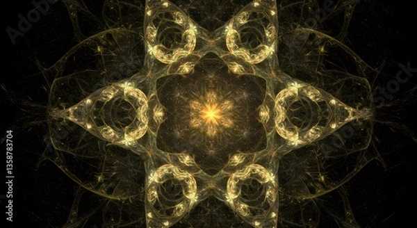 Fototapeta Intricate Golden Fractal Design Abstract Art Yellow Mandala Symmetrical Pattern Digital Artwork