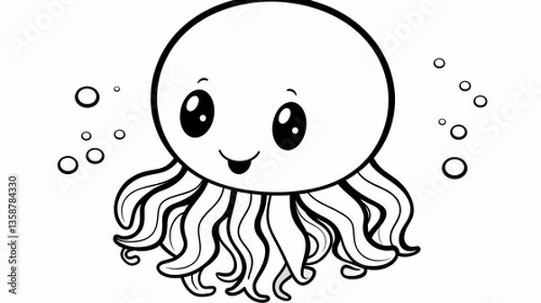 Fototapeta A black and white minimalist jellyfish drawing for kids' coloring page with simple outlines.

