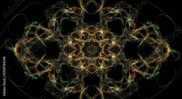 Fototapeta Abstract Fractal Art Intricate Green and Gold Symmetrical Design on Black Background