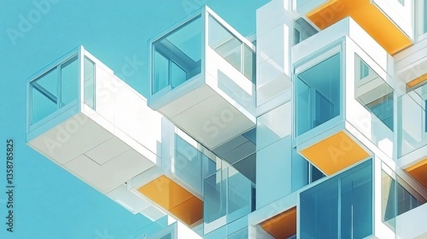 Fototapeta Modern apartment building fragment glass-walled balconies, flat tones, and sharp lines with a cloudless blue sky creating a serene backdrop.  