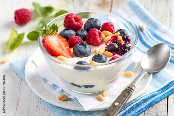 Obraz Greek yogurt bowl with fresh berries and pine nuts