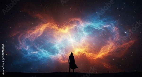 Fototapeta Solitary Figure Contemplating a Celestial Nebula Cosmic Wonder Night Sky