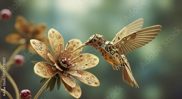 Fototapeta Mechanical Hummingbird in Flight Steampunk Bird Nectaring on Intricate Golden Flower