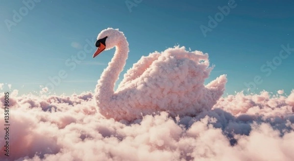 Fototapeta Surreal Swan in Cloudscape Dreamlike White Bird Soaring Above Fluffy Clouds Artistic Digital Render