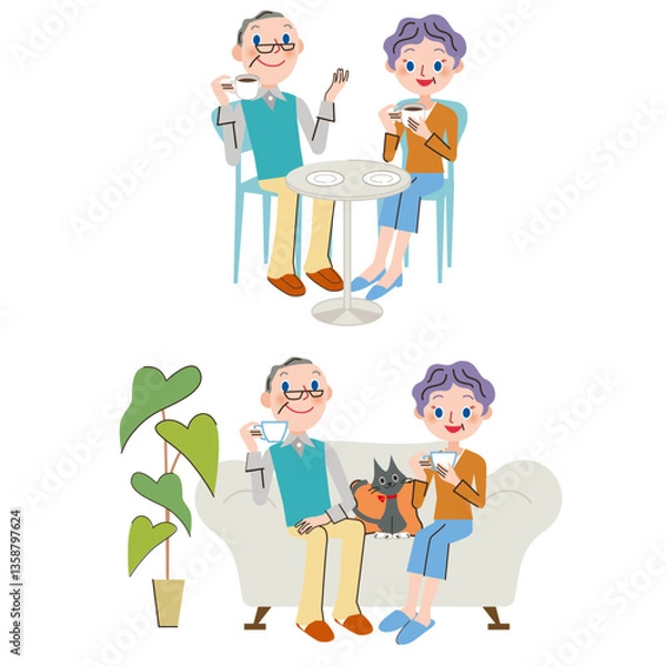 Obraz 老夫婦が外のカフェと家のソファーでお茶を楽しむ