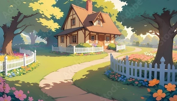 Fototapeta Charming Cottage in a Sunny Garden Path Pixel Art Illustration