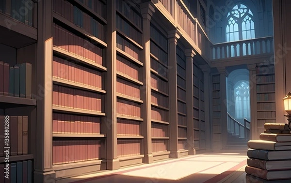 Fototapeta Dimly Lit Library Hallway with Wooden Bookshelves and Glowing Lantern