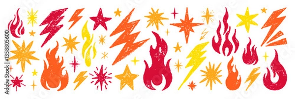 Fototapeta Fire, thunder, star doodle icon. Flame, lightning bolt, star crayon pencil simple scribble set. Hand drawn cartoon hot element. Flash lightning fire star pastel pattern bg. Punk Rock vector background