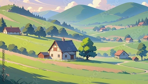 Fototapeta Picturesque Animated Valley Landscape Illustration with Charming Houses and Rolling Green Hills Under Sunny Sky