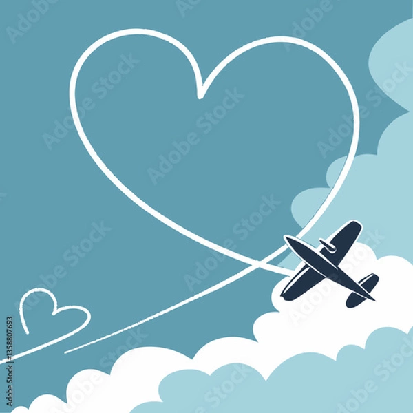 Fototapeta Airplane trail forming a heart shape in the sky vector design