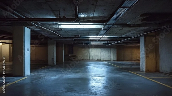 Fototapeta The basement room on the bottom floor of the building's parking lot is empty in an industrial cast concrete style