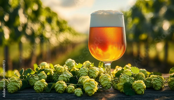 Fototapeta  A glass of beer with a frothy head on top, surrounded by green plant material in the shape and color resembling hop bines laying around