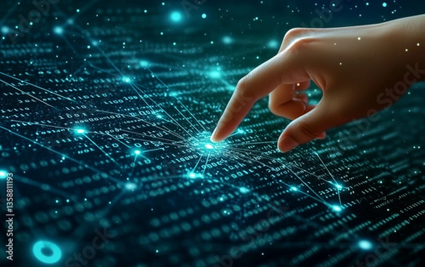 Fototapeta A hand pointing at the word "AI" on an AI icon with a blue holographic background