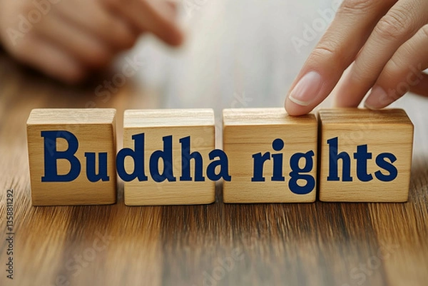 Fototapeta  A photo of the text "Buddha" on the right and left, wooden blocks with hand icons on them spelling out the word "rights" in blue letters