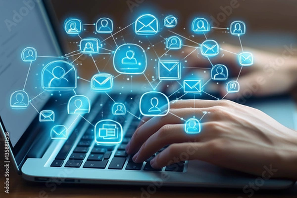 Fototapeta Close-up of hands typing on a laptop with blue icons representing people and an envelope