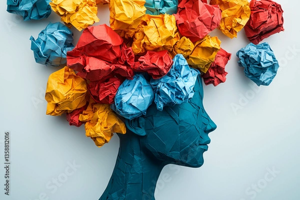 Fototapeta The concept of ideas and thinking with crumpled paper balls in the shape of a head on a white background