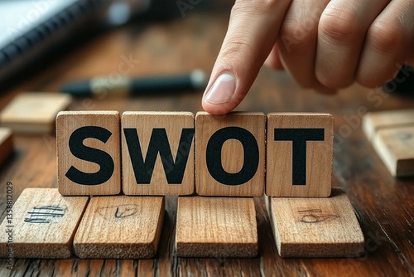 Obraz The word "SWOT" is written on wooden blocks with a hand pointing to it