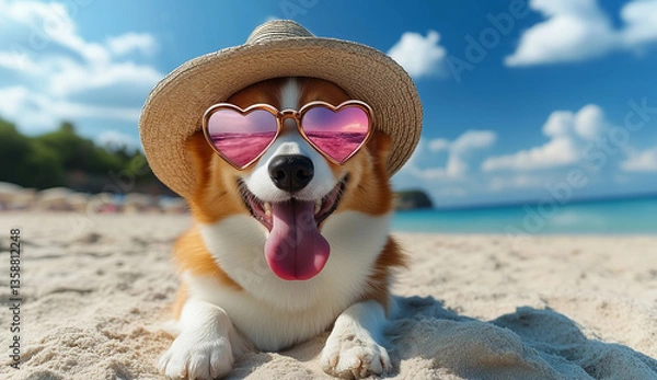 Fototapeta A Corgi wearing heart-shaped sunglasses and a sun hat