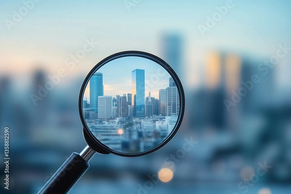 Fototapeta Close-up of a magnifying glass with a blurred cityscape background