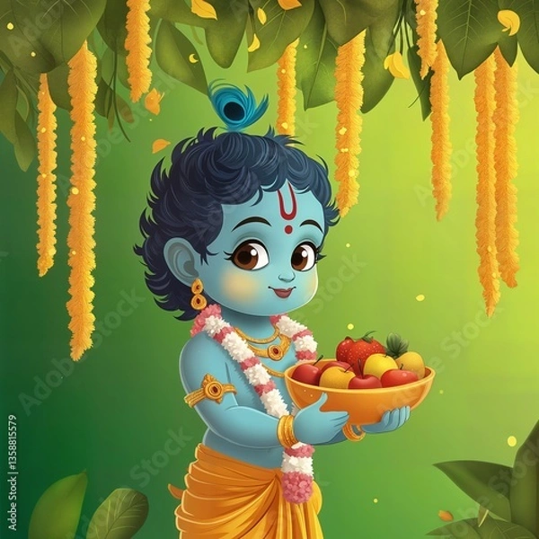 Obraz Illustration of lord krishna with fruits in bowl and konna flowers for vishu.

