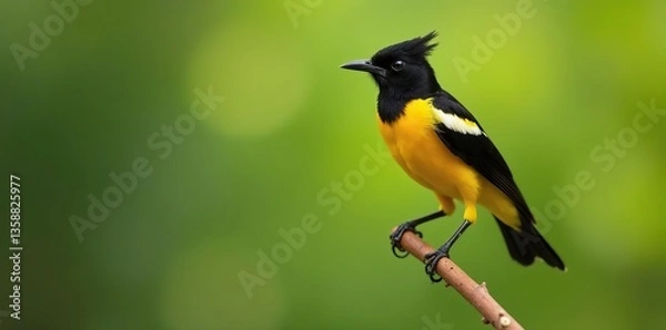Obraz Vibrant African Black-headed Oriole perched on aloe branch in Mjejane Game Reserve, Kruger National Park, South Africa,  flowers,  branch