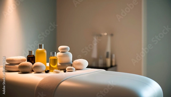 Fototapeta SPA elements, massage oils, stones and candles, against a background of warm tones and soft lighting, with a feeling of coziness and tranquility, for advertising SPA salons and relaxation treatments.