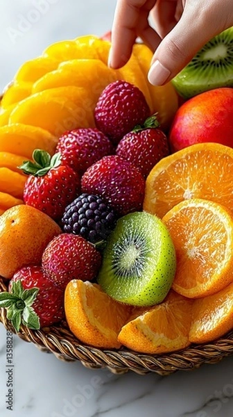 Fototapeta Elegant fruit basket arranged on a marble countertop showcasing a variety of fresh fruits with vibrant colors