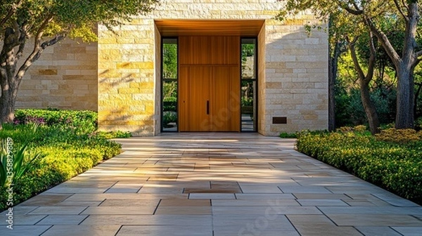 Fototapeta Grand modern house featuring stone facade and geometric design clean walkway leading to an oversized wooden front door under soft daylight. 