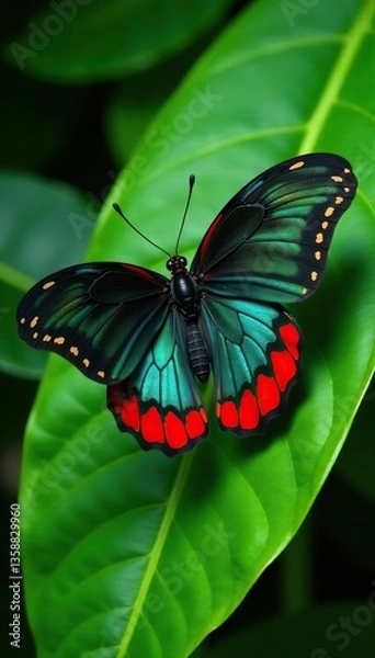 Obraz Vibrant Australian Richmond Birdwing Butterfly perched on a green leaf,  wildlife,  butterfly