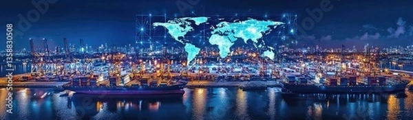 Fototapeta Cargo logistics ship and global business tracking concept. Aerial view of a bustling port with digital world map overlay.