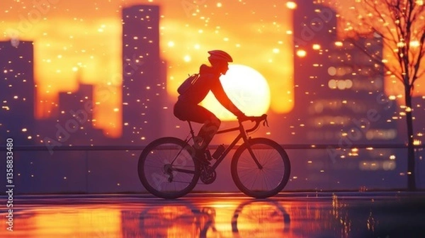 Fototapeta Female Cyclist Gliding Through Urban Sunset, City Lights in Background
