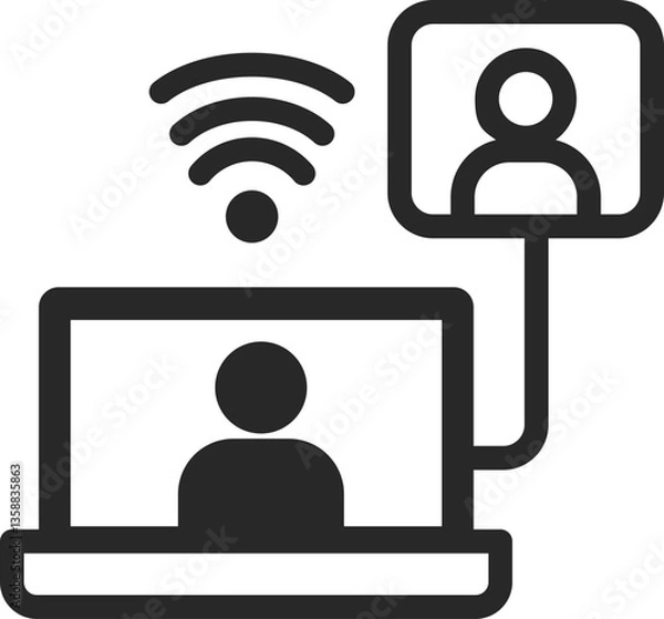 Obraz Video conference solid icon with laptop, user, and wireless connection, vector.