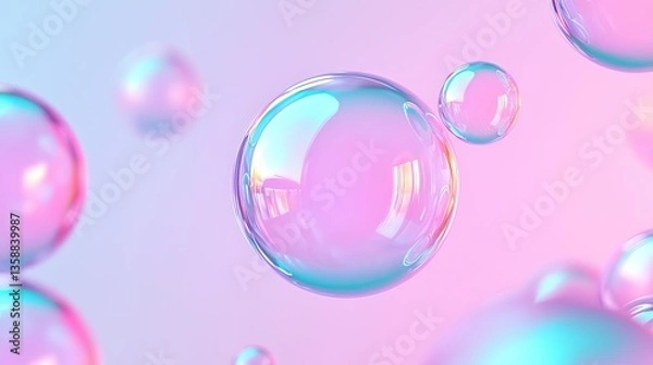 Fototapeta Colorful soap bubbles floating in a soft gradient background.