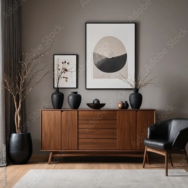 Fototapeta Modern Living Room Interior with Wooden Cabinet and Abstract Art