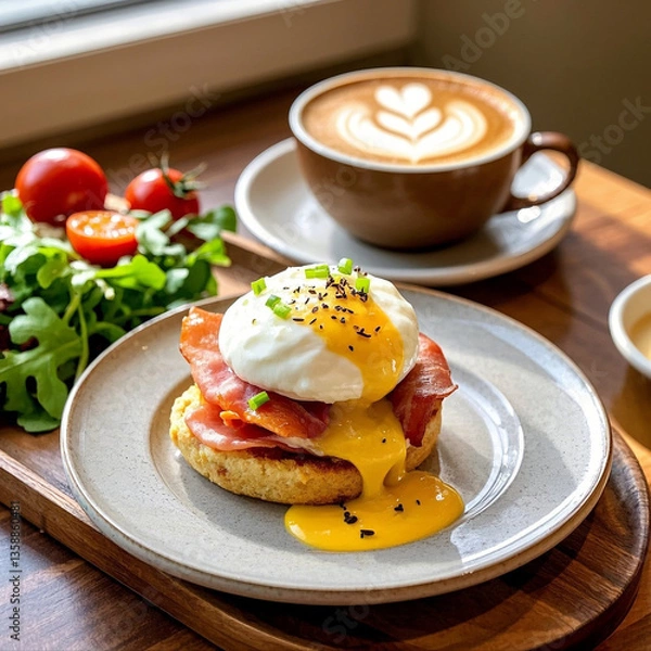 Fototapeta Gourmet Eggs Benedict with Latte – Elegant Breakfast Delight