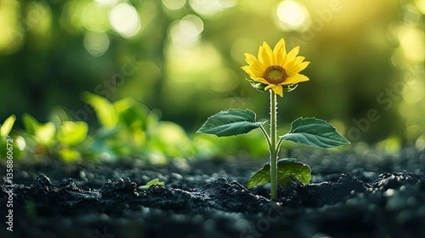 Fototapeta A Single Sunflower Emerging from the Earth:  A Symbol of Hope and New Beginnings
