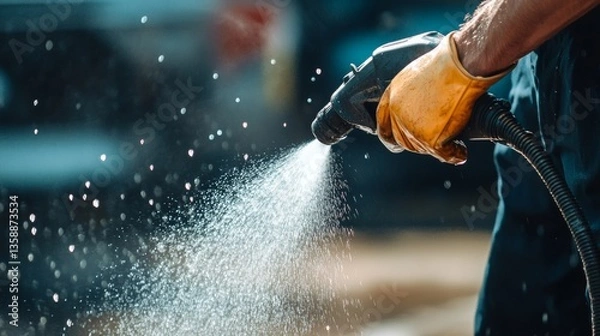 Fototapeta Close up of worker using power washer to spray water with focused hand grip on the equipment