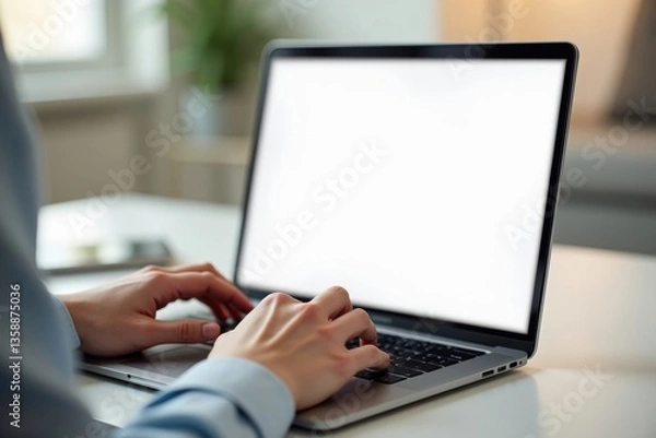 Obraz Modern workspace scene with a laptop and blank display in a natural light setting.