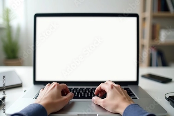 Obraz Modern workspace scene with a laptop and blank display in a natural light setting.