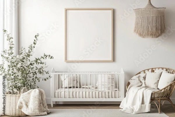 Fototapeta Minimalist Nursery Interior White Crib and Wicker Rocking Chair with Empty Frame