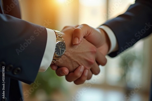 Obraz Close-up of a business handshake with a gold wristwatch in focus.