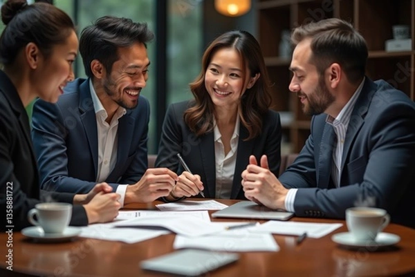 Fototapeta Team discussing paperwork and pointing at documents during a meeting.