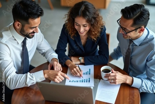 Obraz Team discussing paperwork and pointing at documents during a meeting.