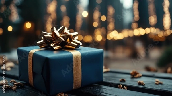 Fototapeta A gorgeous blue gift box embellished with a shiny golden bow, placed on a wooden table with a backdrop of festive lights, creating a warm and inviting holiday atmosphere.