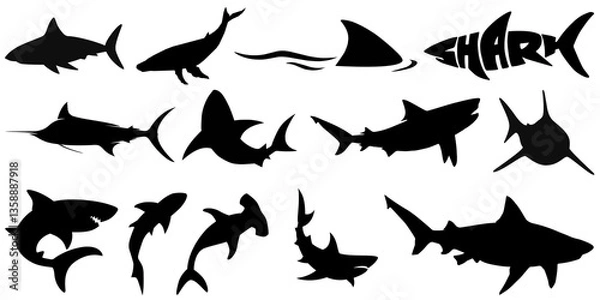 Obraz Swimming with whale sharks silhouette of Circling Sharks. Group shark photo, Shark elements