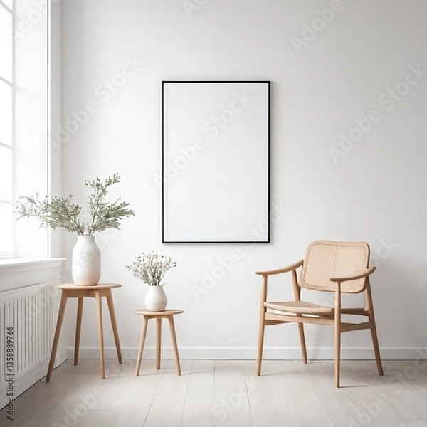 Fototapeta Minimalist Living Room Interior with Blank Frame Mockup
