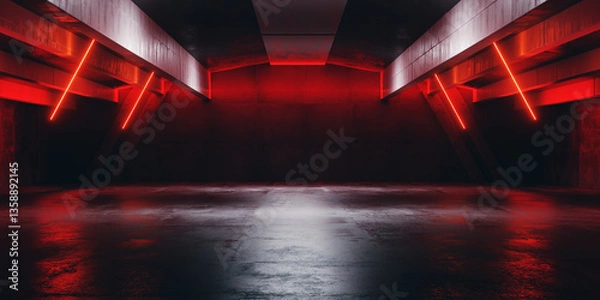 Obraz Sci Fi Futuristic Neon Triangle Laser Bolts Electric Cyber Glowing Bunker Red Lights Stage Garage Hangar Hallway Corridor Tunnel Cement Concrete Grunge Basement Club 3D Rendering